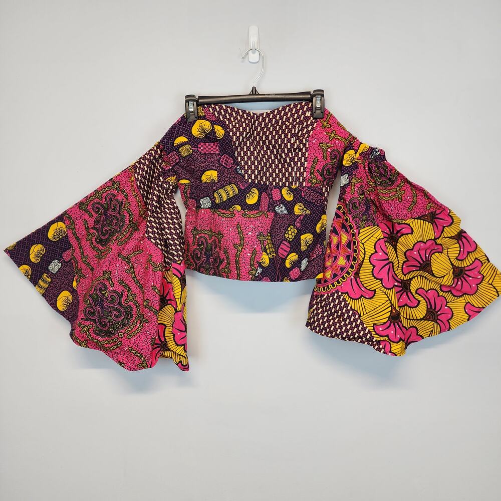 Womens African Ankara Top Size S/M Multicolor Flare Sleeve Handmade Psychedelic